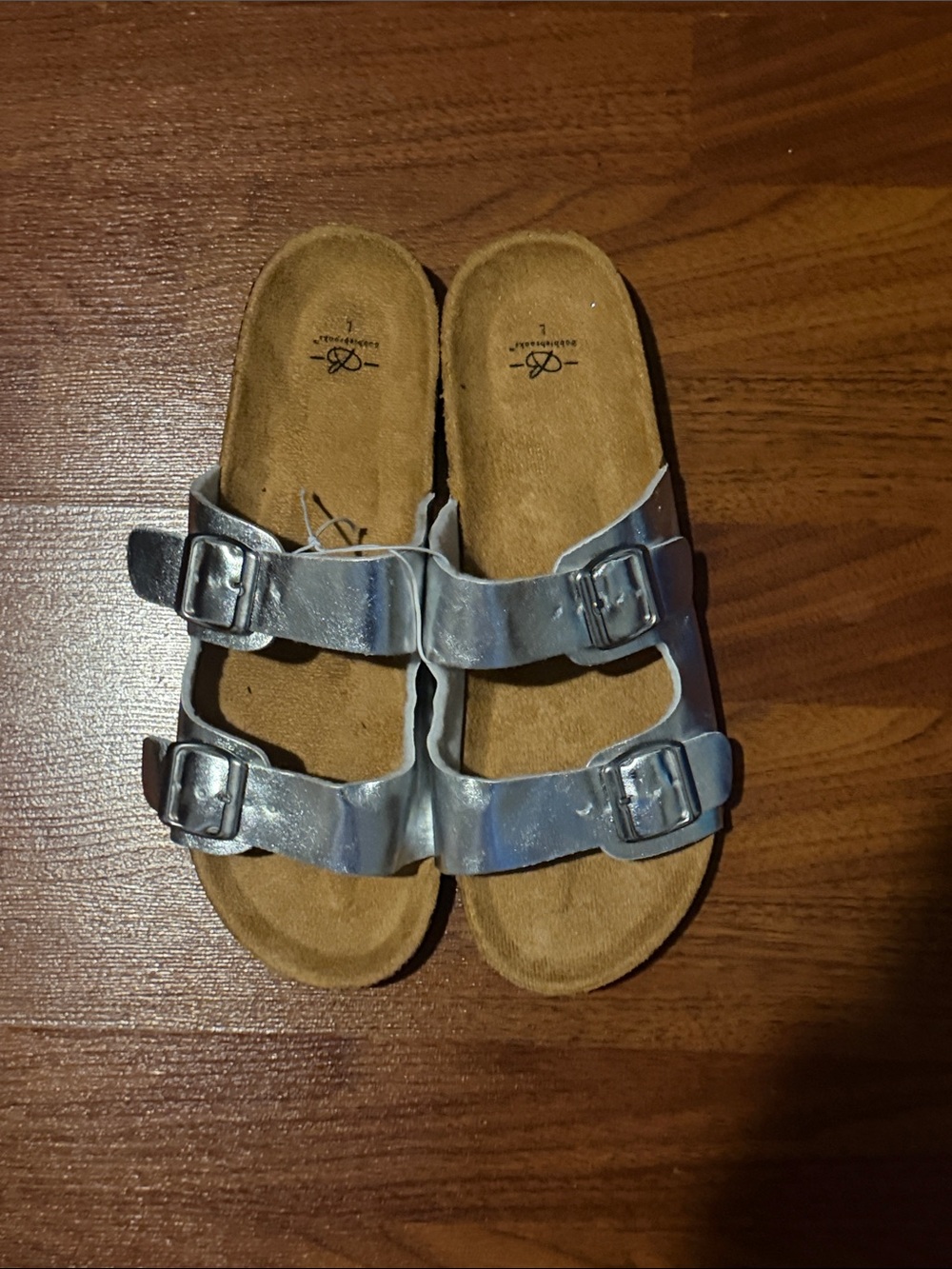 Bobbie Brooks Metallic Silver Double-Buckle Slide Sandals
